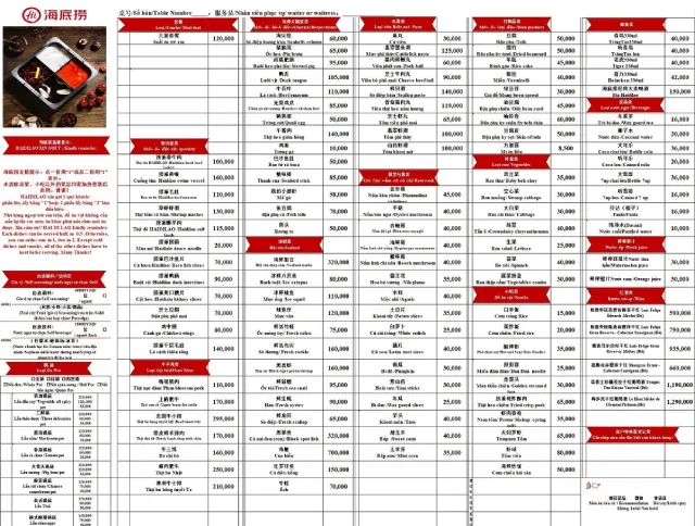 Menu và bảng giá Haidilao Bình Dương
